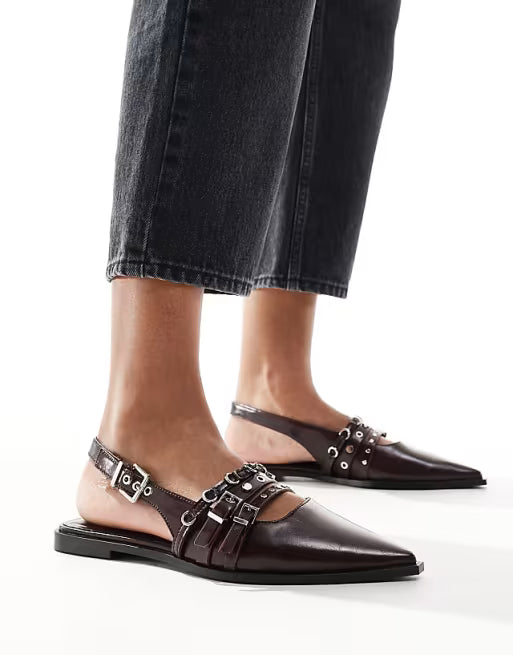 Stradivarius Buckle Detail Slingback Flats in Burgundy