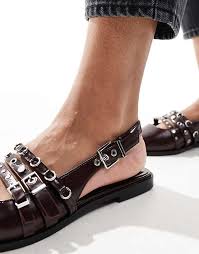 Stradivarius Buckle Detail Slingback Flats in Burgundy