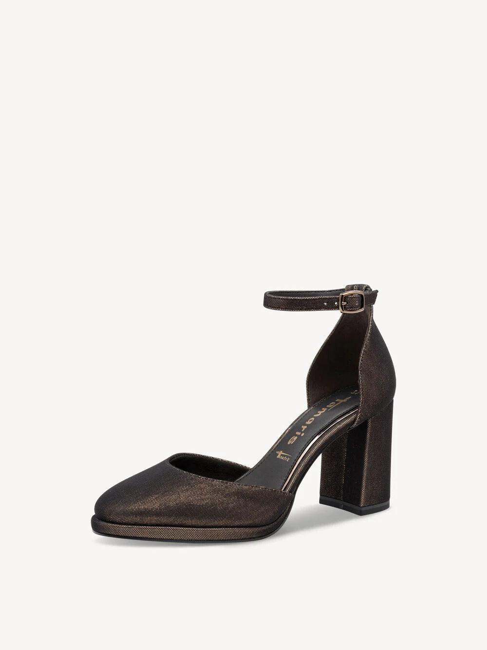 Tamaris Gold Shimmer Almond Toe D'orsay Block Heel Pump in Black