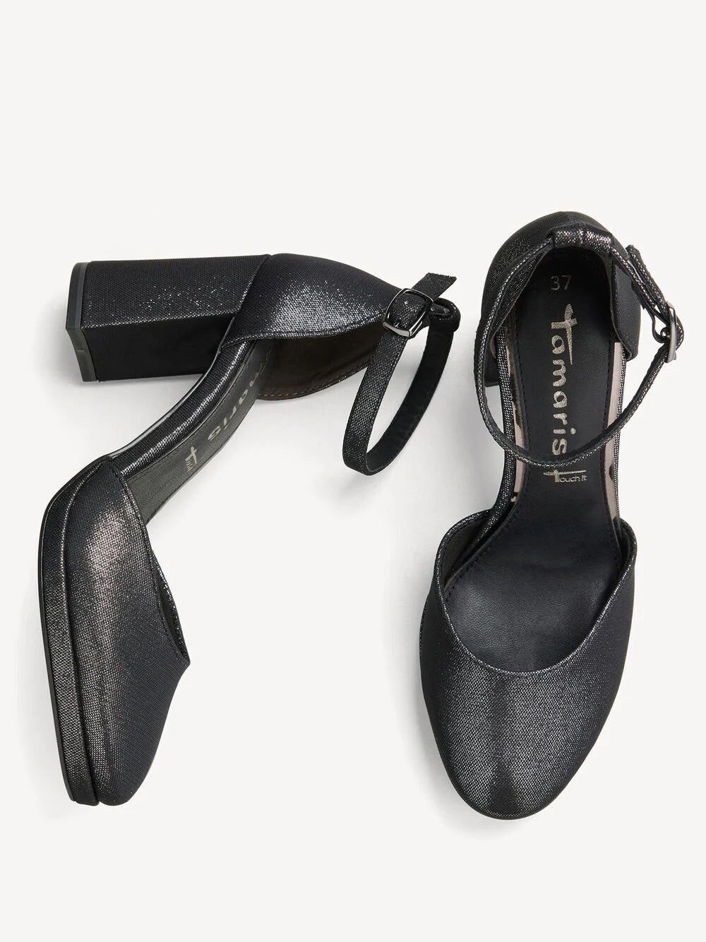 Tamaris Silver Shimmer Almond Toe D'orsay Block Heel Pump in Black