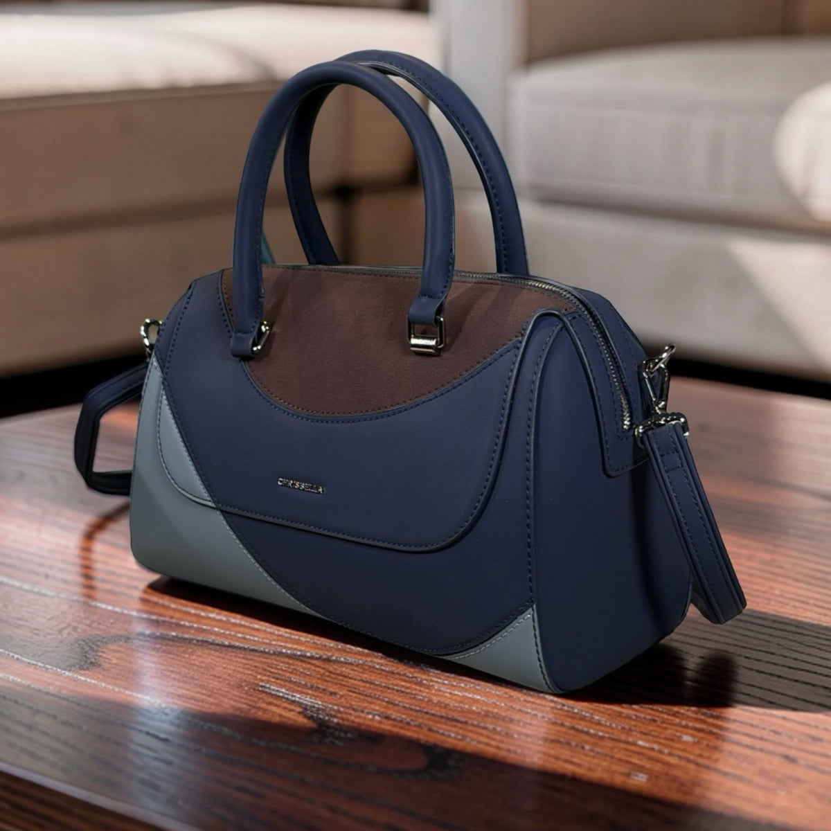 Chrisbella 3-Color Pattern Bag In Navy