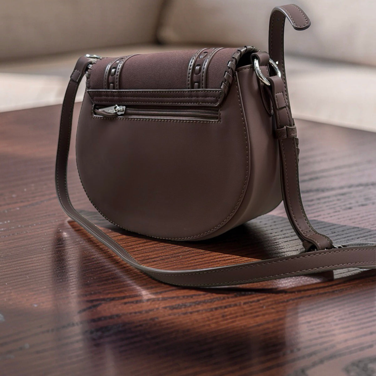 Chrisbella Suede Flap Double Strap Bag in Coffee