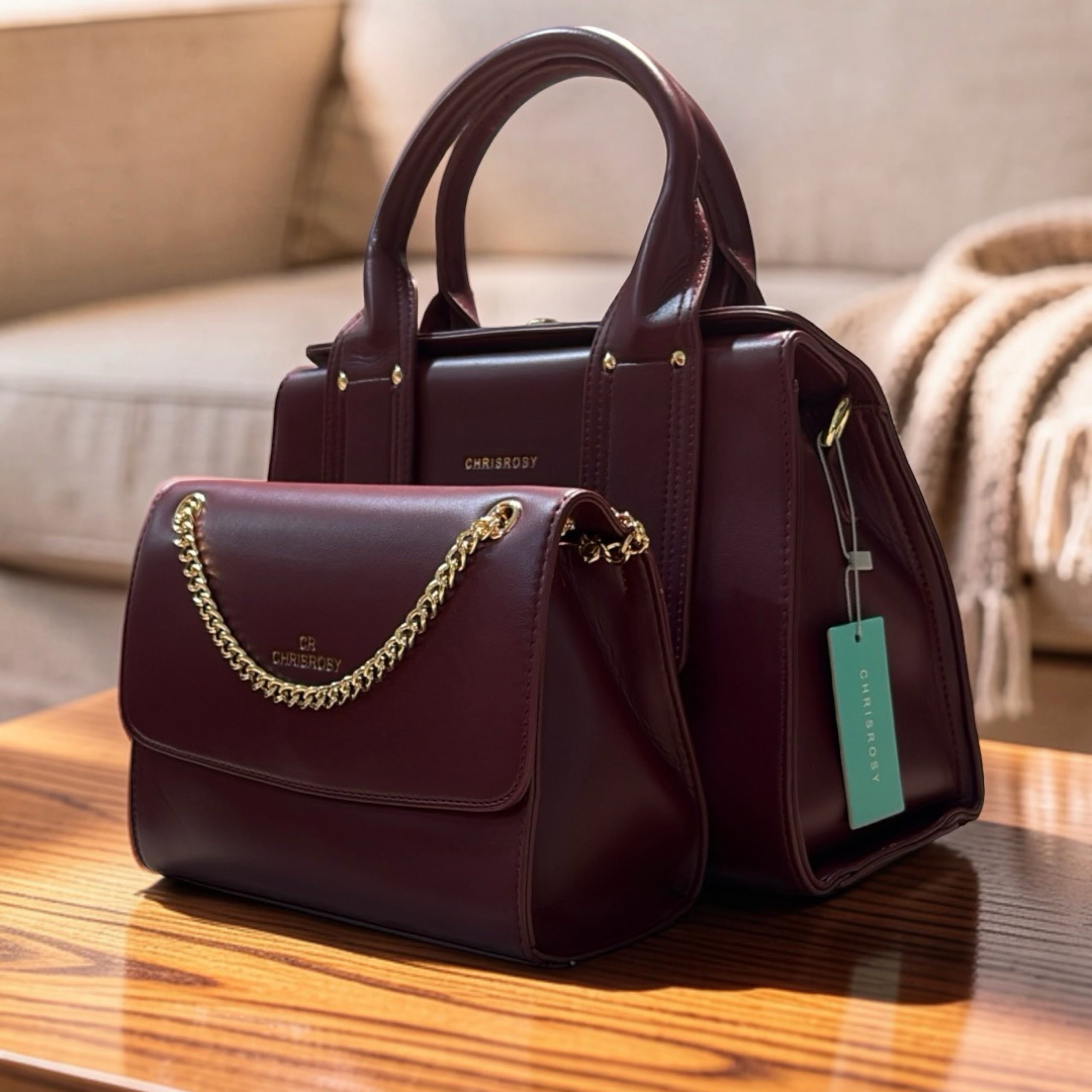 Chrisrosy 2-in-1 Structured Double Handle Bag in Maroon