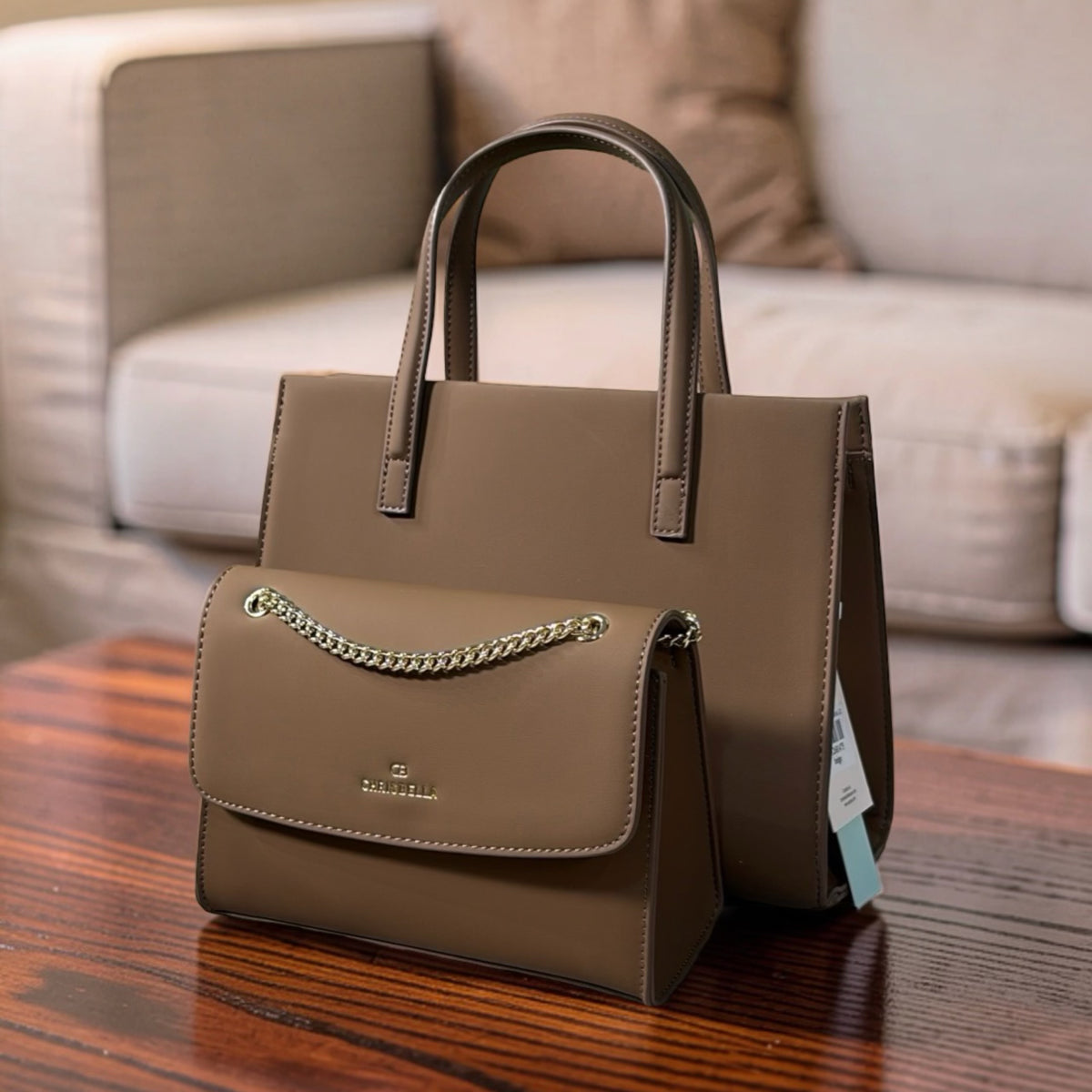 Chrisbella Two-In-One Two-Tone Bag in Beige