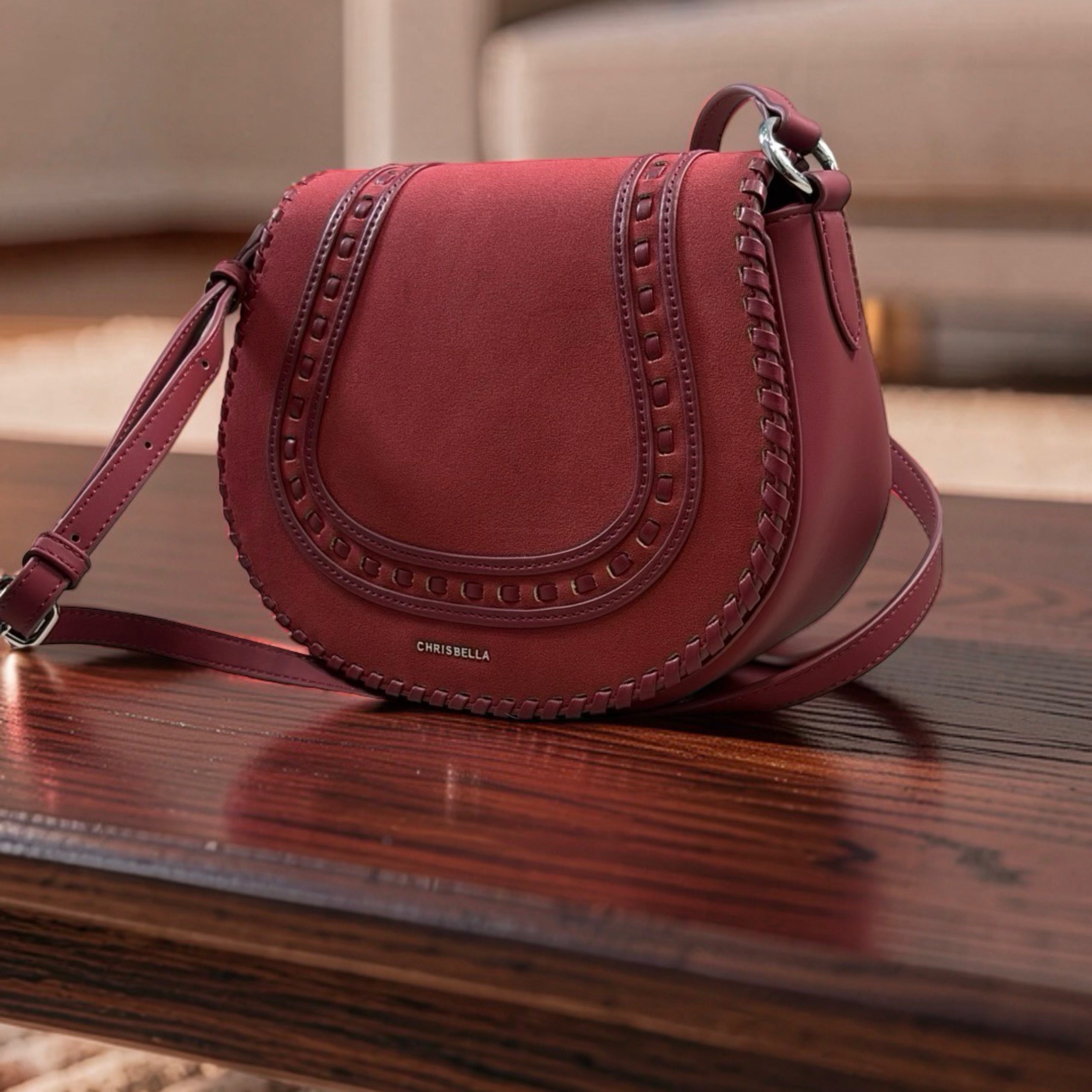 Chrisbella Suede Flap Double Strap Bag in Red