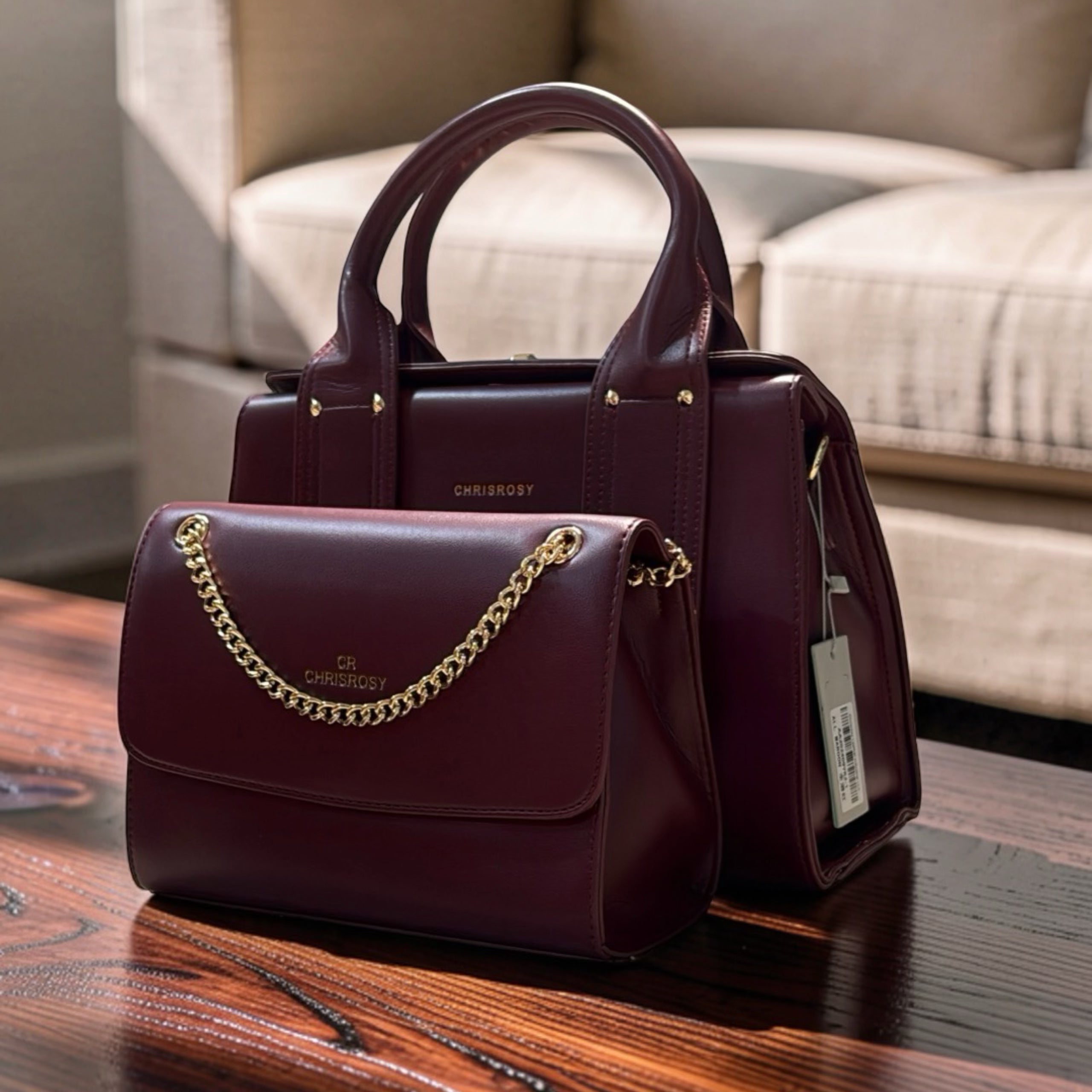 Chrisrosy 2-in-1 Structured Double Handle Bag in Maroon