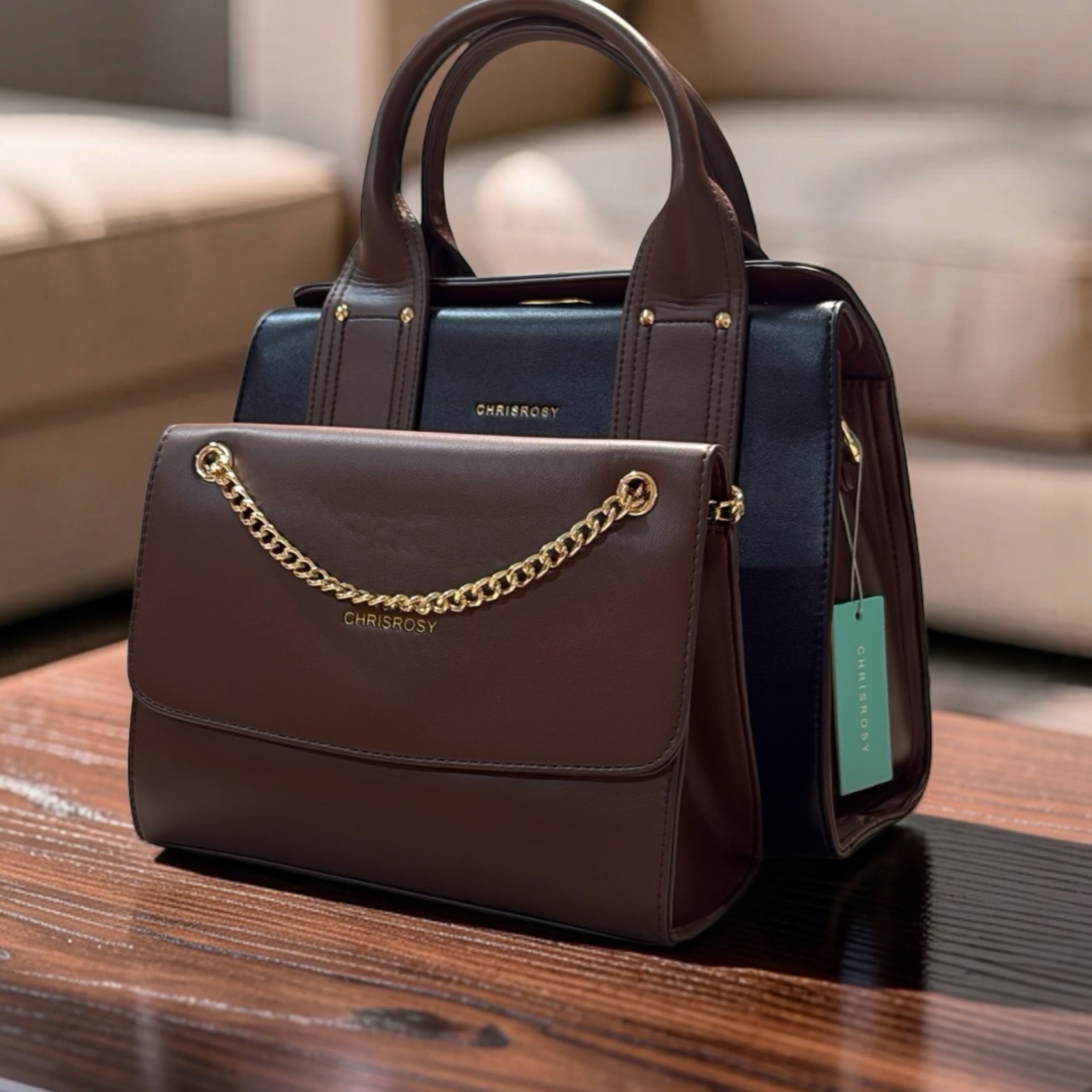 Chrisrosy 2-in-1 Structured Double Handle Bag in Black/Brown