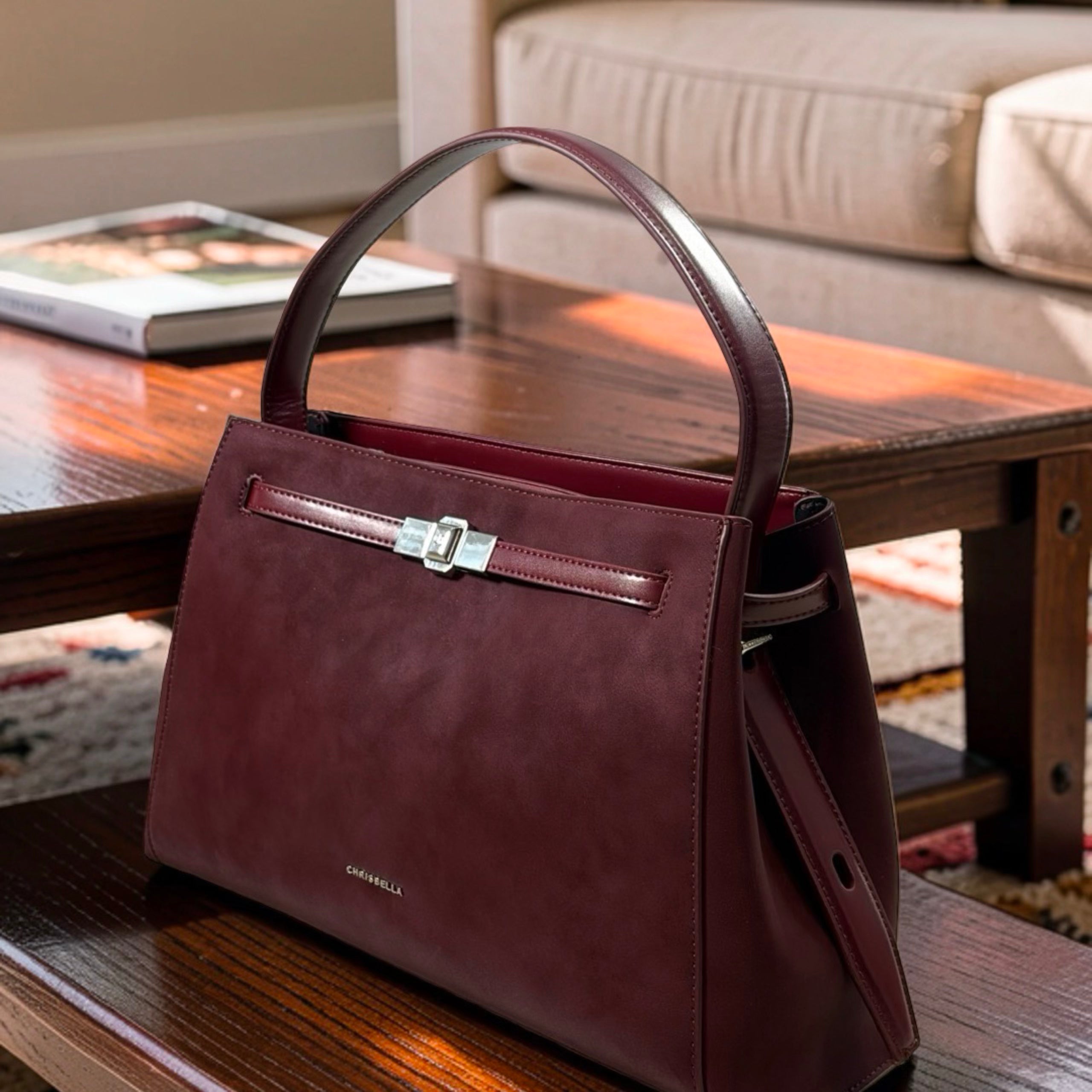 Chrisbella Single Strap Suede-Front Bag in Burgundy