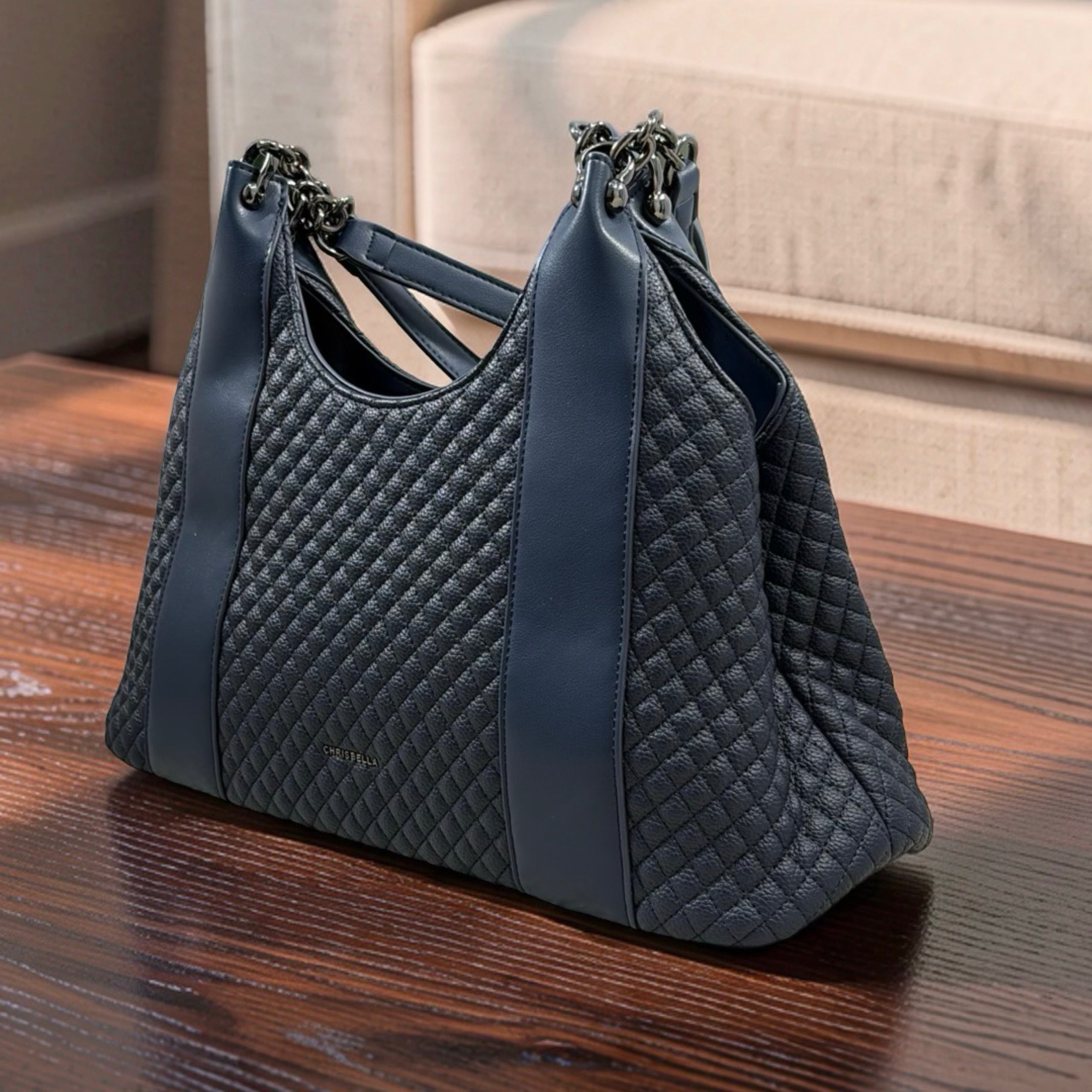 Chrisbella Textured Leather Shoulder Bag in Navy