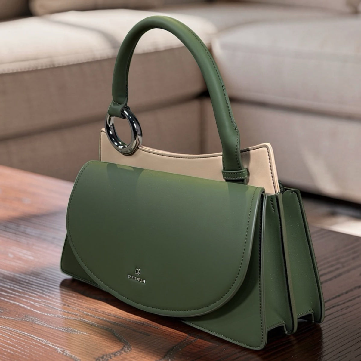 Chrisbella Top Handle Front-Flap Structured Bag in Green
