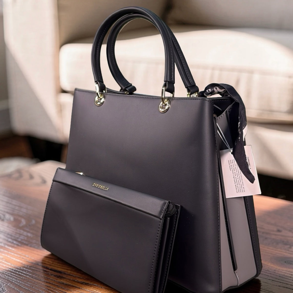 Chrisbella Scarf Detail 2-in-1 Two-Tone Bag in Black