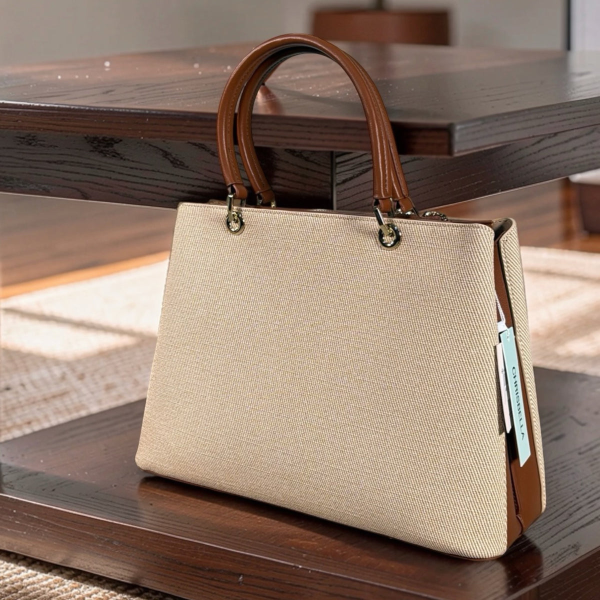 Chrisbella Scarf Detail Textured 2-in-1 Two-Tone Bag in Beige