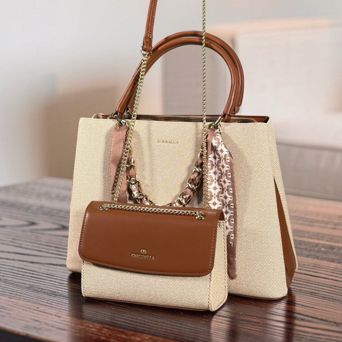 Chrisbella Scarf Detail Textured 2-in-1 Two-Tone Bag in Beige