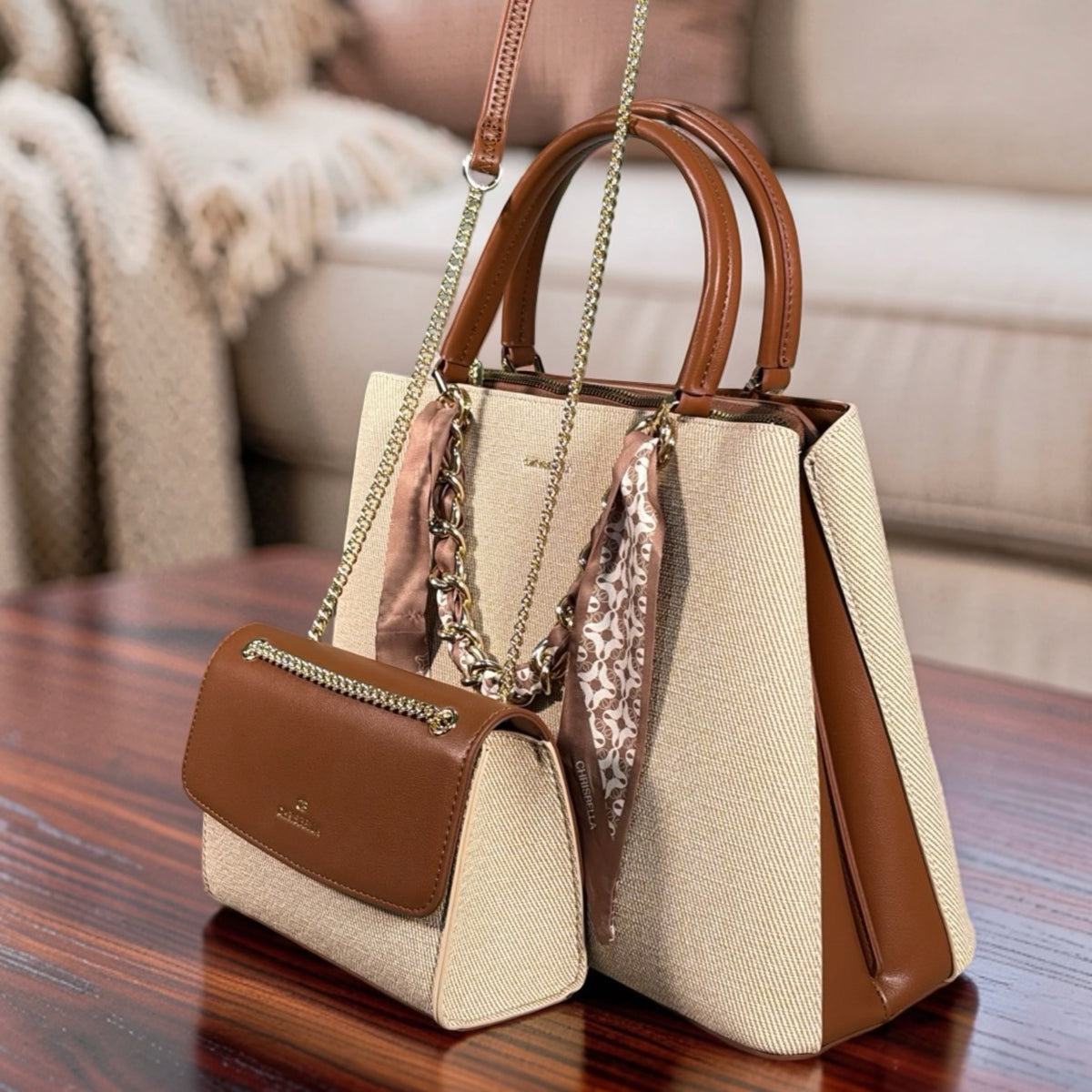 Chrisbella Scarf Detail Textured 2-in-1 Two-Tone Bag in Beige