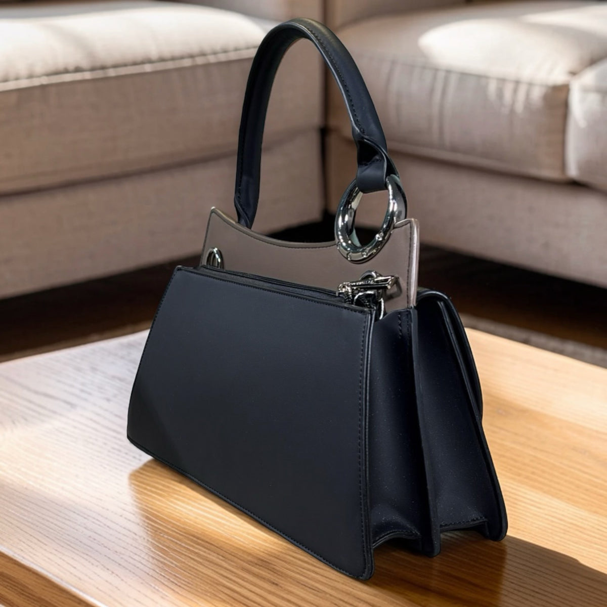 Chrisbella Top Handle Front-Flap Structured Bag in Black