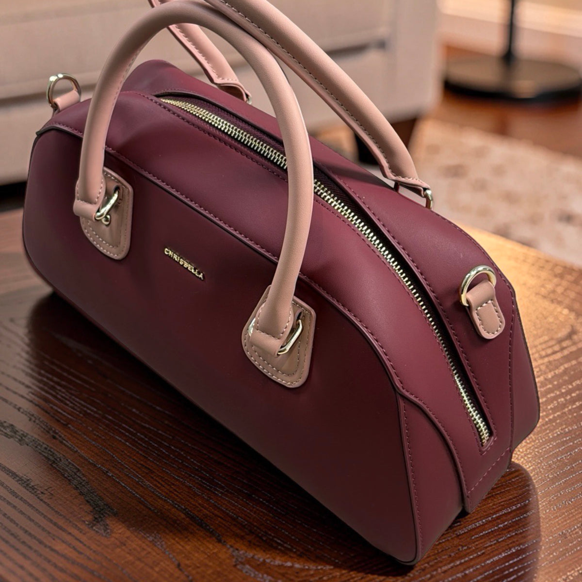 Chrisbella Two-in-One Contrast Handle Bag in Wine