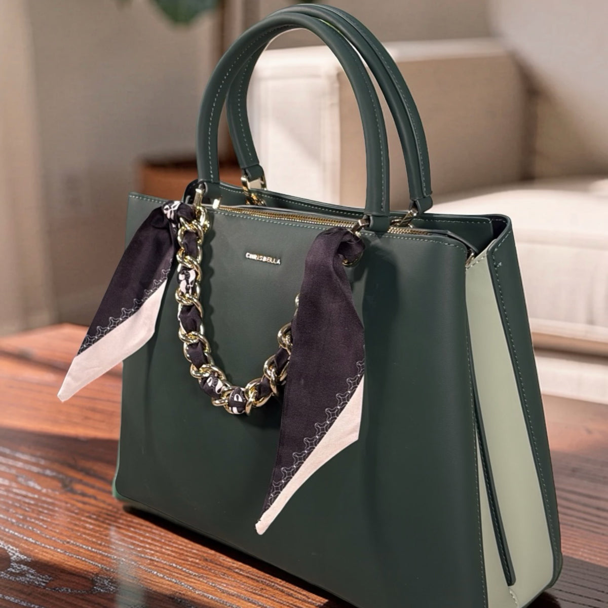 Chrisbella Scarf Detail 2-in-1 Two-Tone Bag in Green