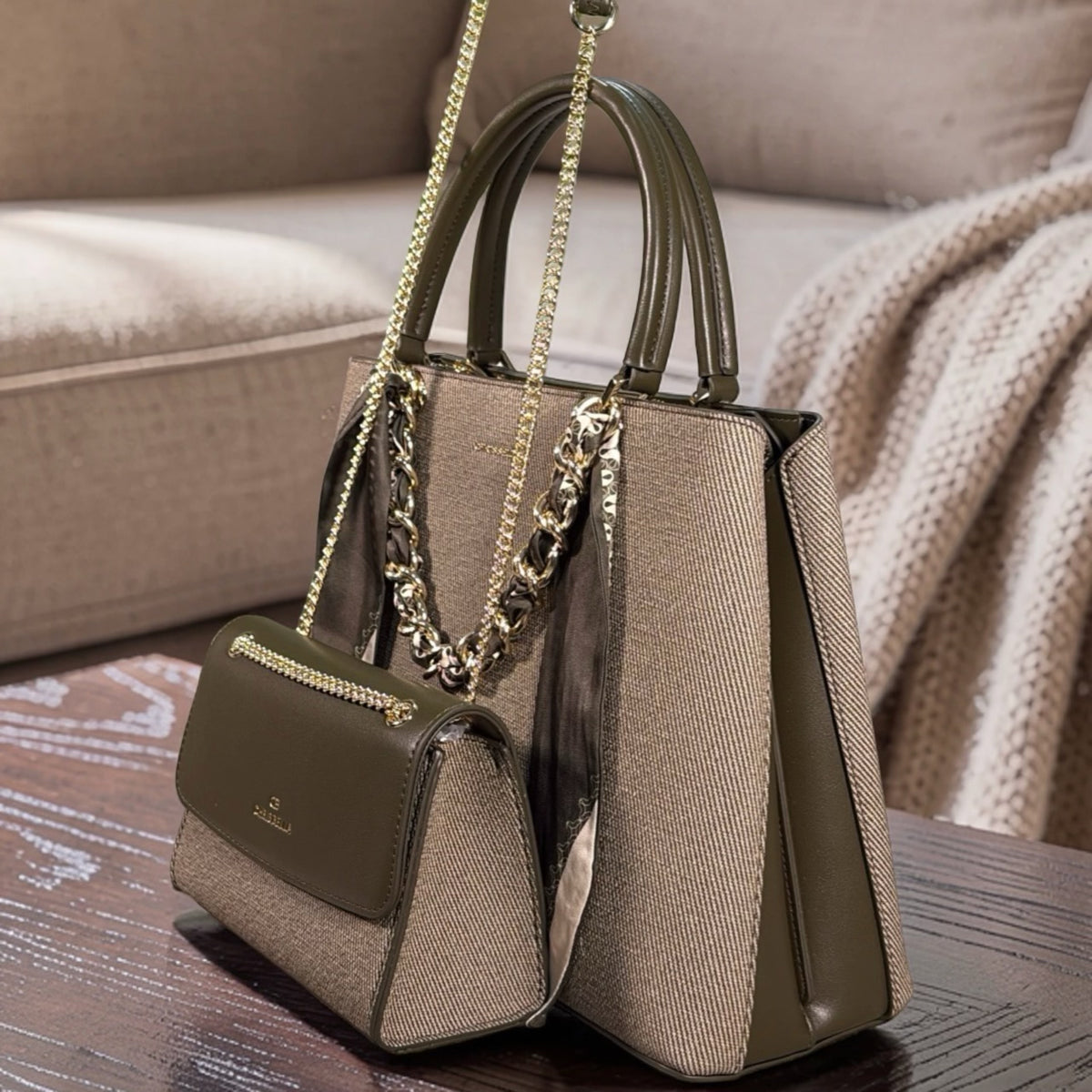 Chrisbella Scarf Detail Textured 2-in-1 Two-Tone Bag in Army Green