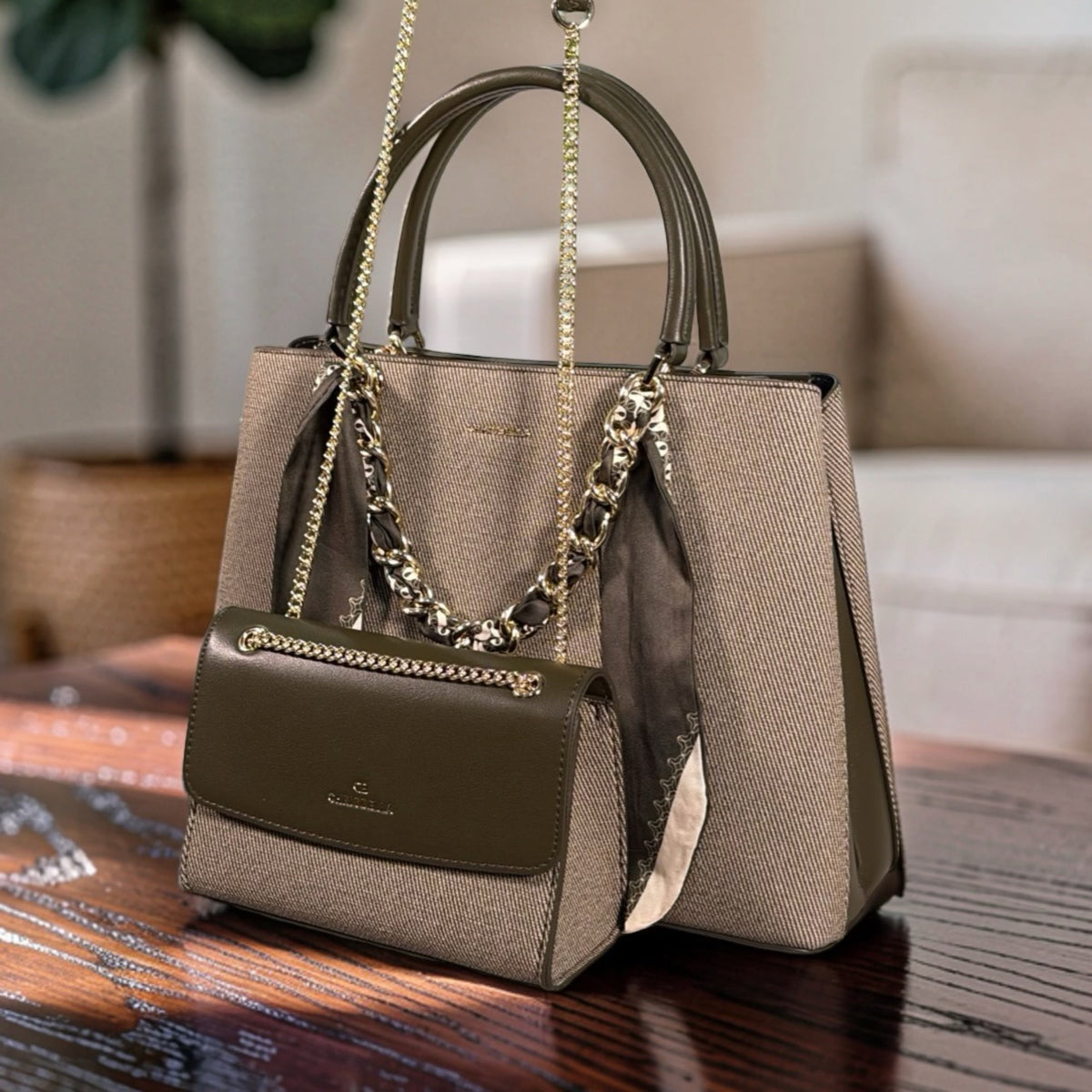 Chrisbella Scarf Detail Textured 2-in-1 Two-Tone Bag in Army Green