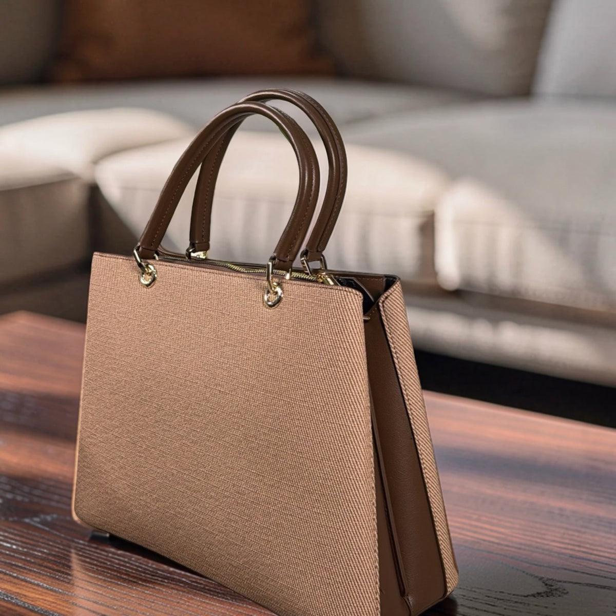 Chrisbella Scarf Detail Textured 2-in-1 Two-Tone Bag in Coffee