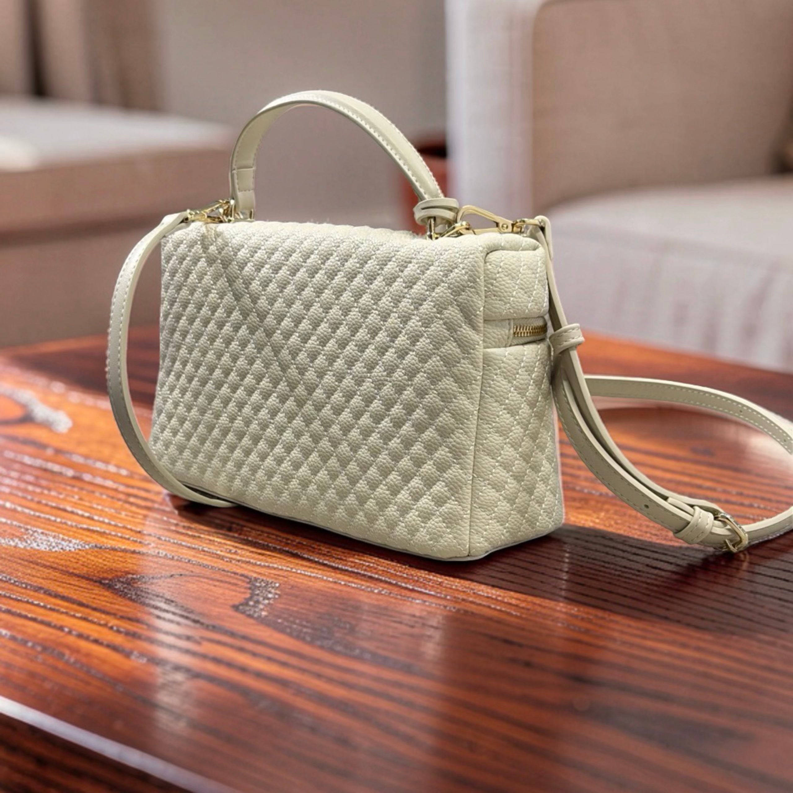 Chrisbella Top Handle textured leather Bag in Off-White