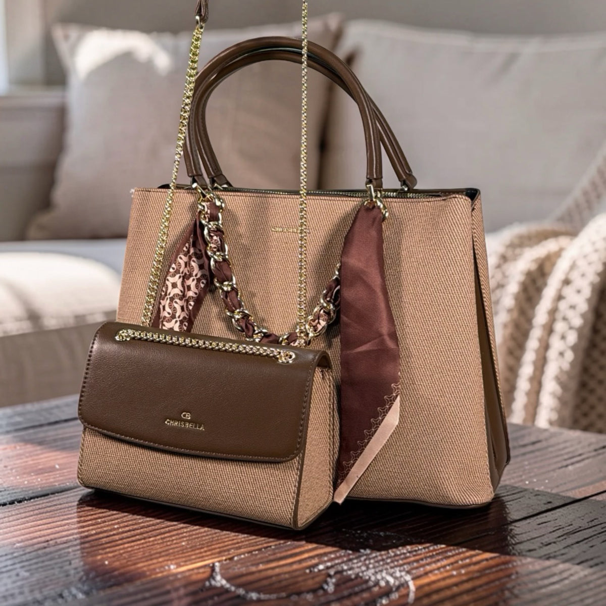 Chrisbella Scarf Detail Textured 2-in-1 Two-Tone Bag in Coffee