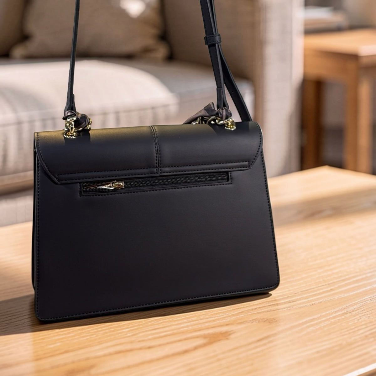 Chrisbella Scarf Detail Flap Closure Side bag in Black