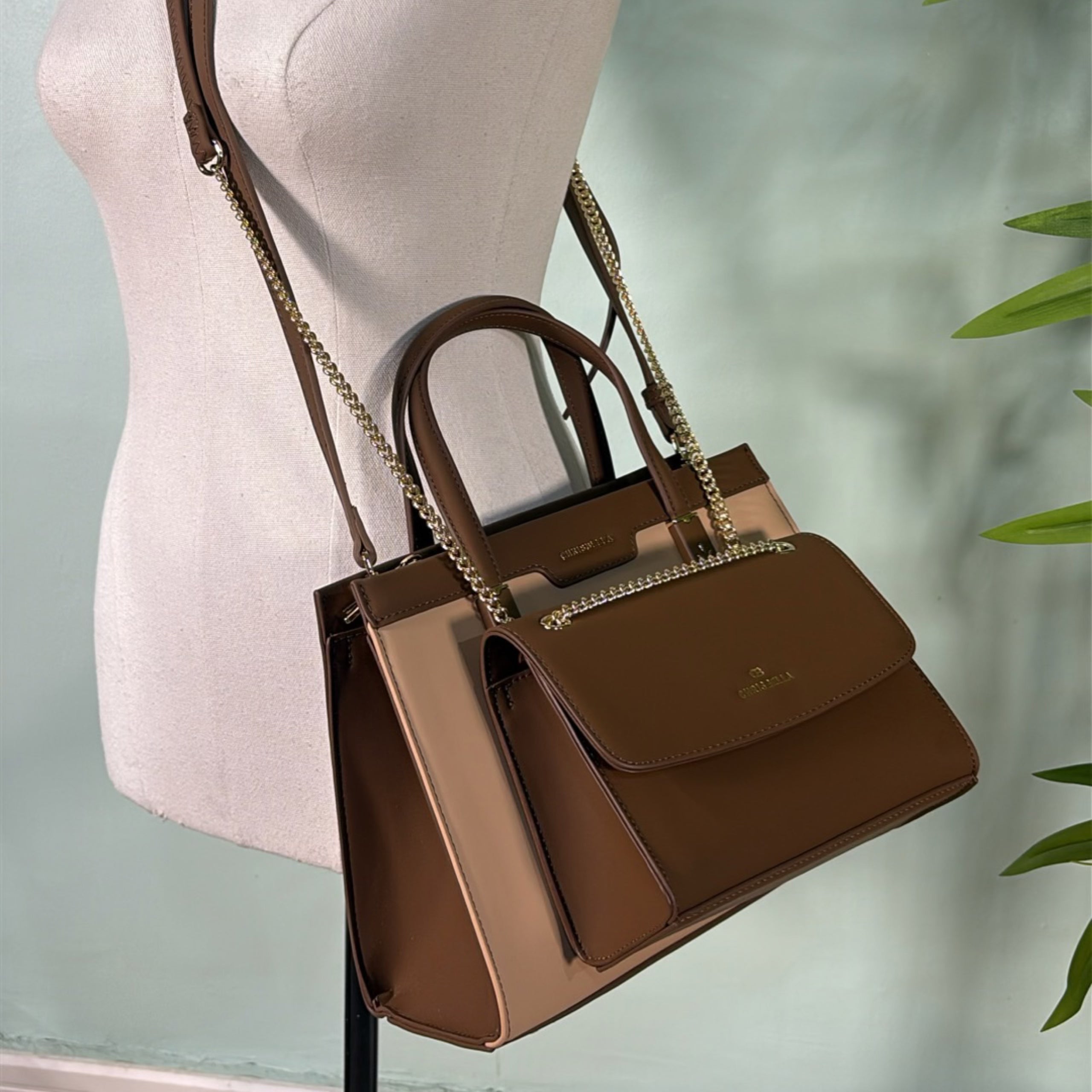 Chrisbella Two-In-One Two-Tone Bag in Beige