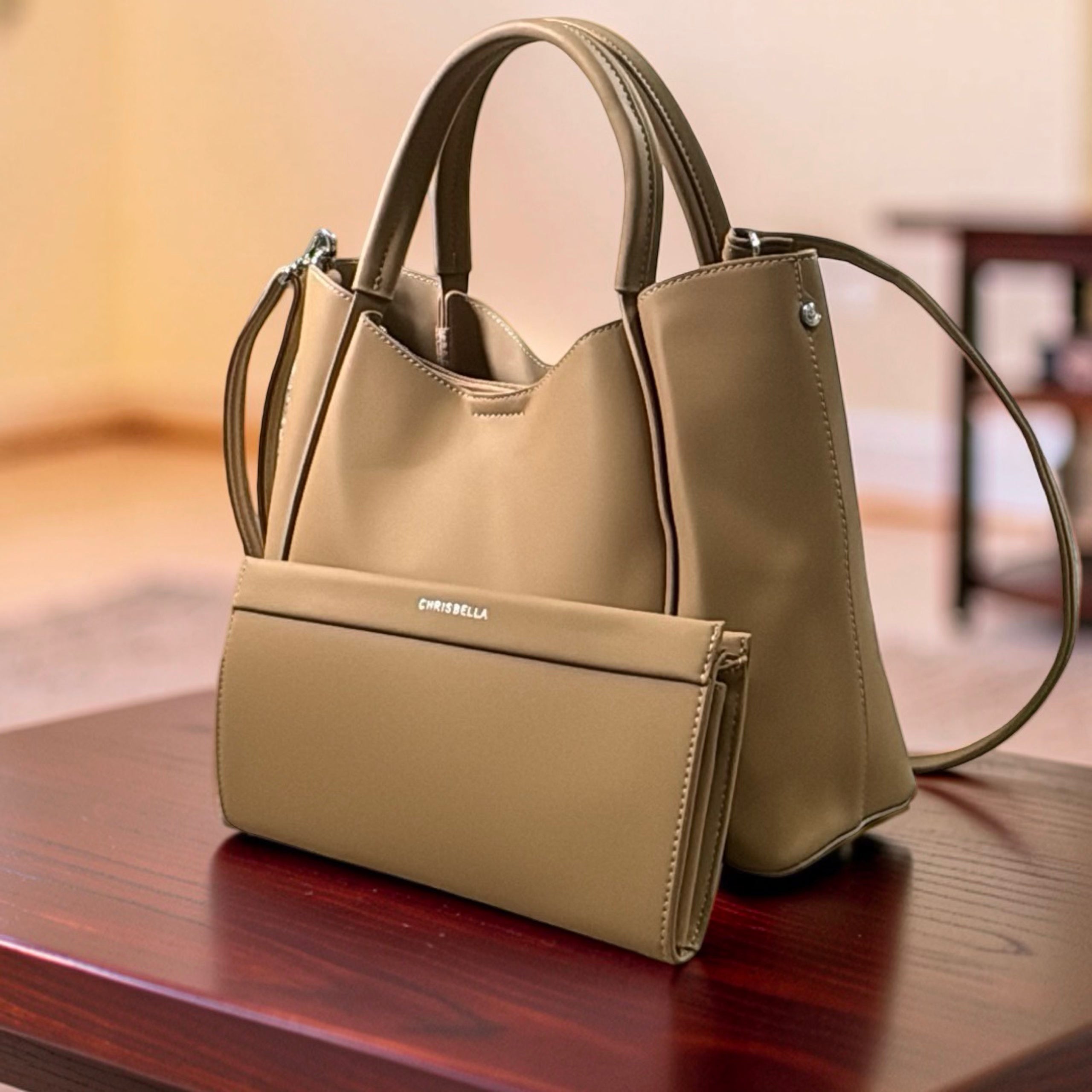 Chrisbella Double Handle Nubuck Leather Bag in Beige