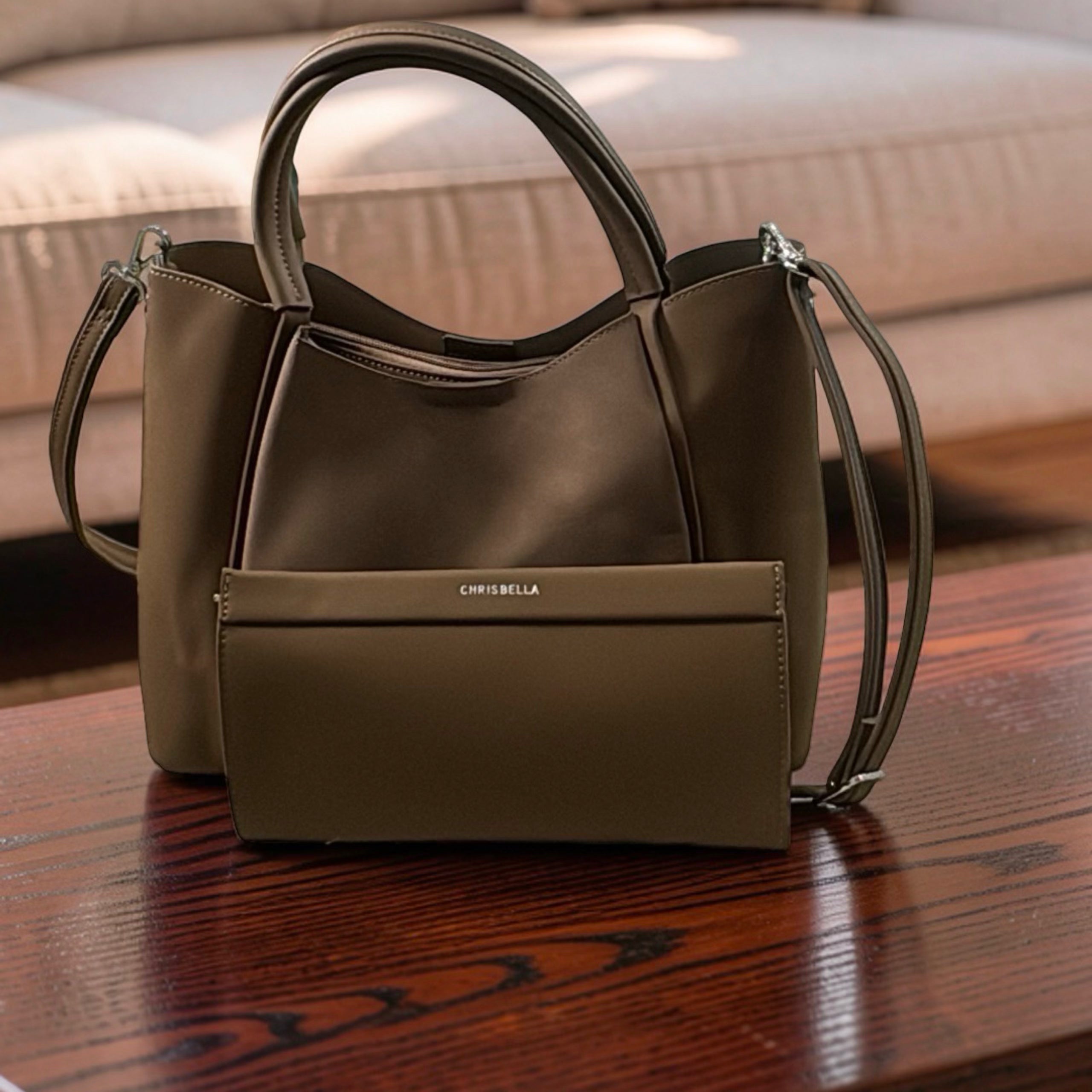 Chrisbella Double Handle Nubuck Leather Bag in Mud