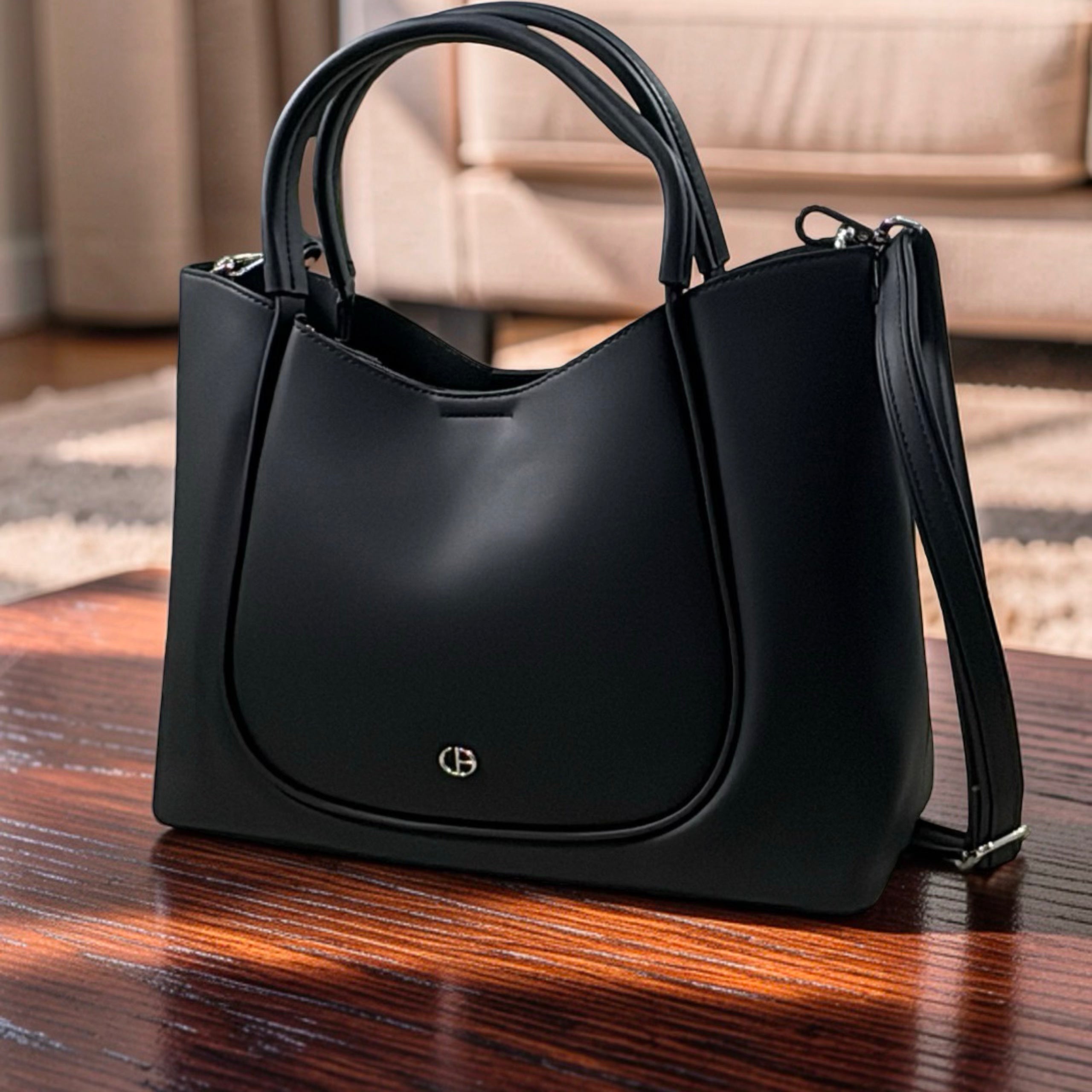 Chrisbella Double Handle Nubuck Leather Bag in Black