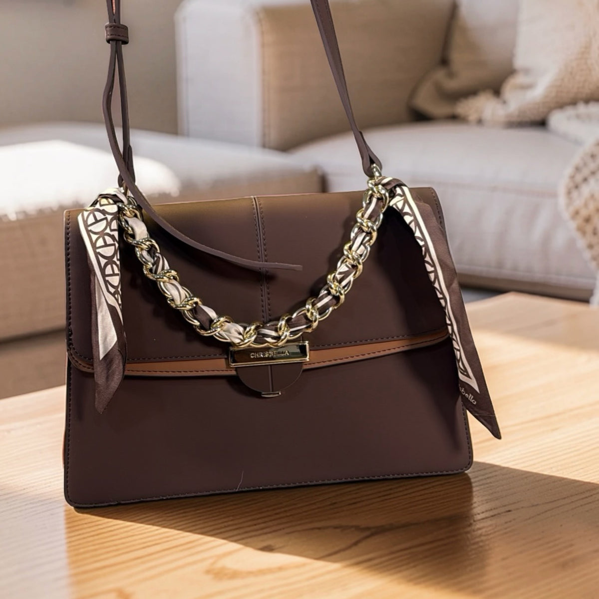 Chrisbella Scarf Detail Flap Closure Side bag in Coffee