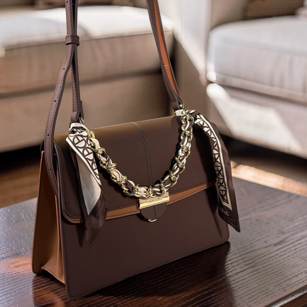 Chrisbella Scarf Detail Flap Closure Side bag in Coffee