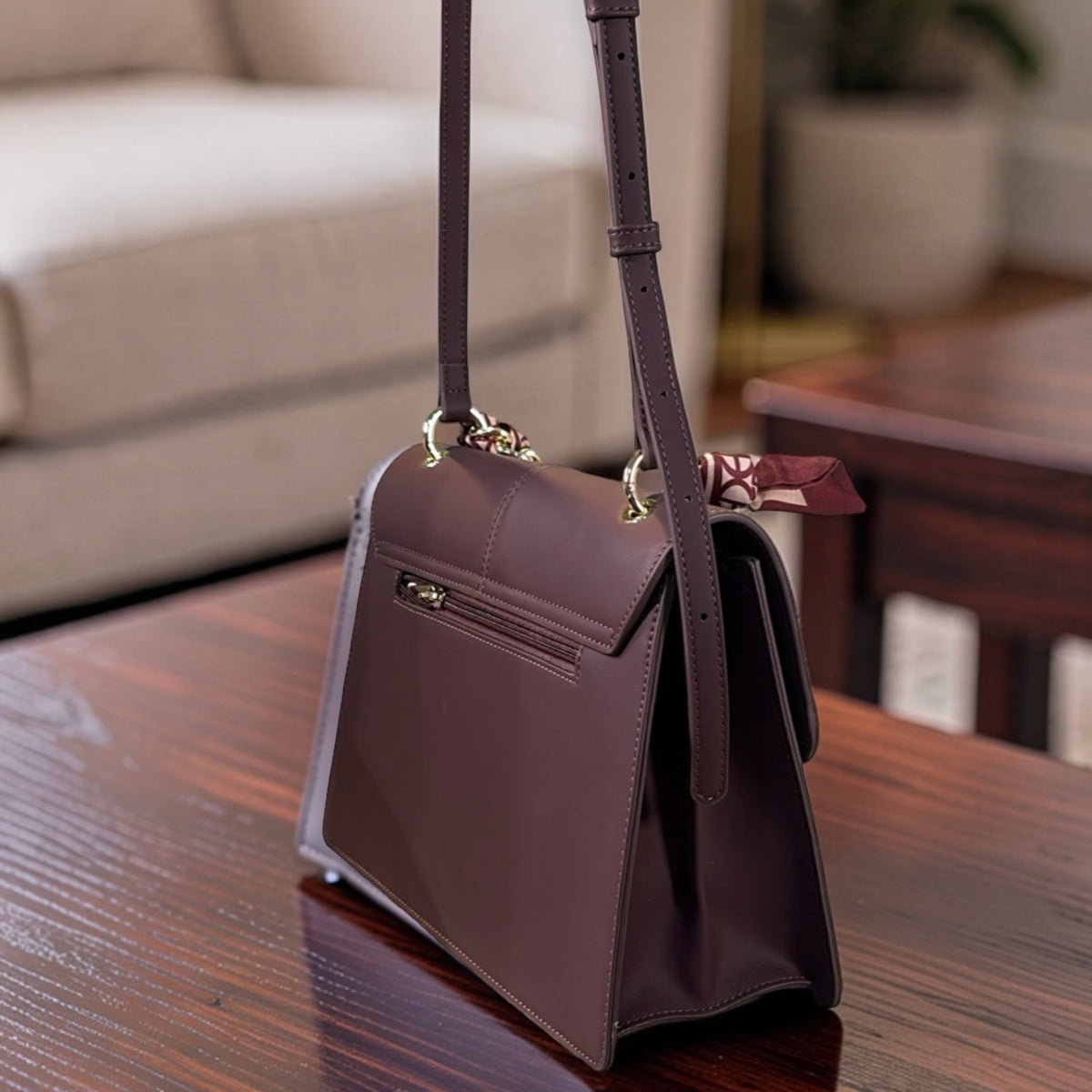 Chrisbella Scarf Detail Flap Closure Side bag in Burgundy