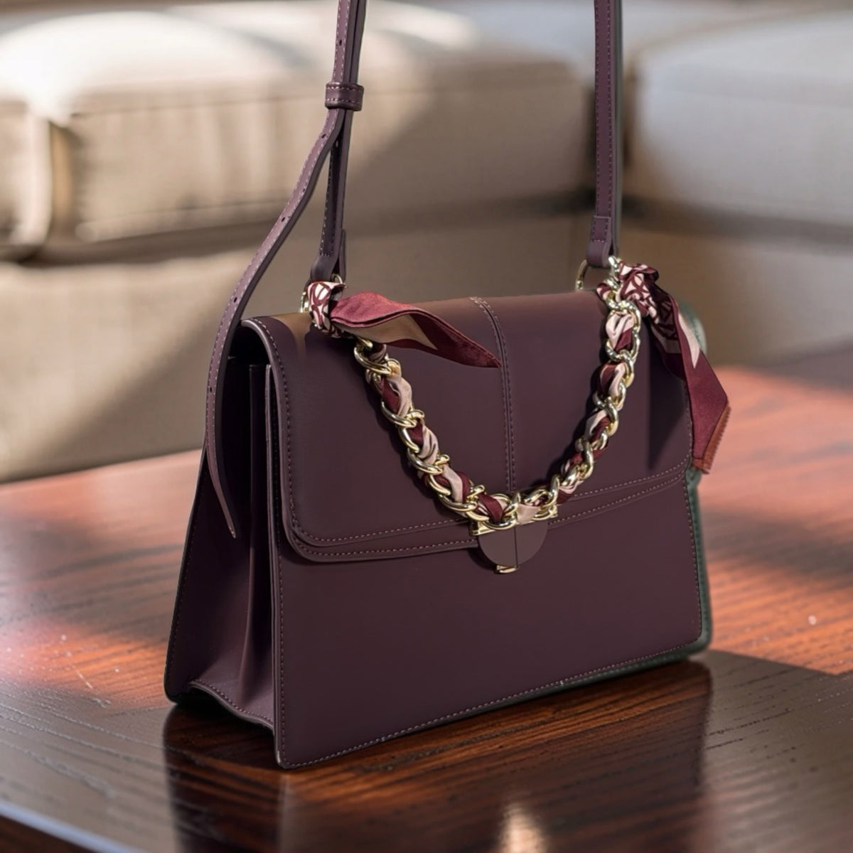 Chrisbella Scarf Detail Flap Closure Side bag in Coffee