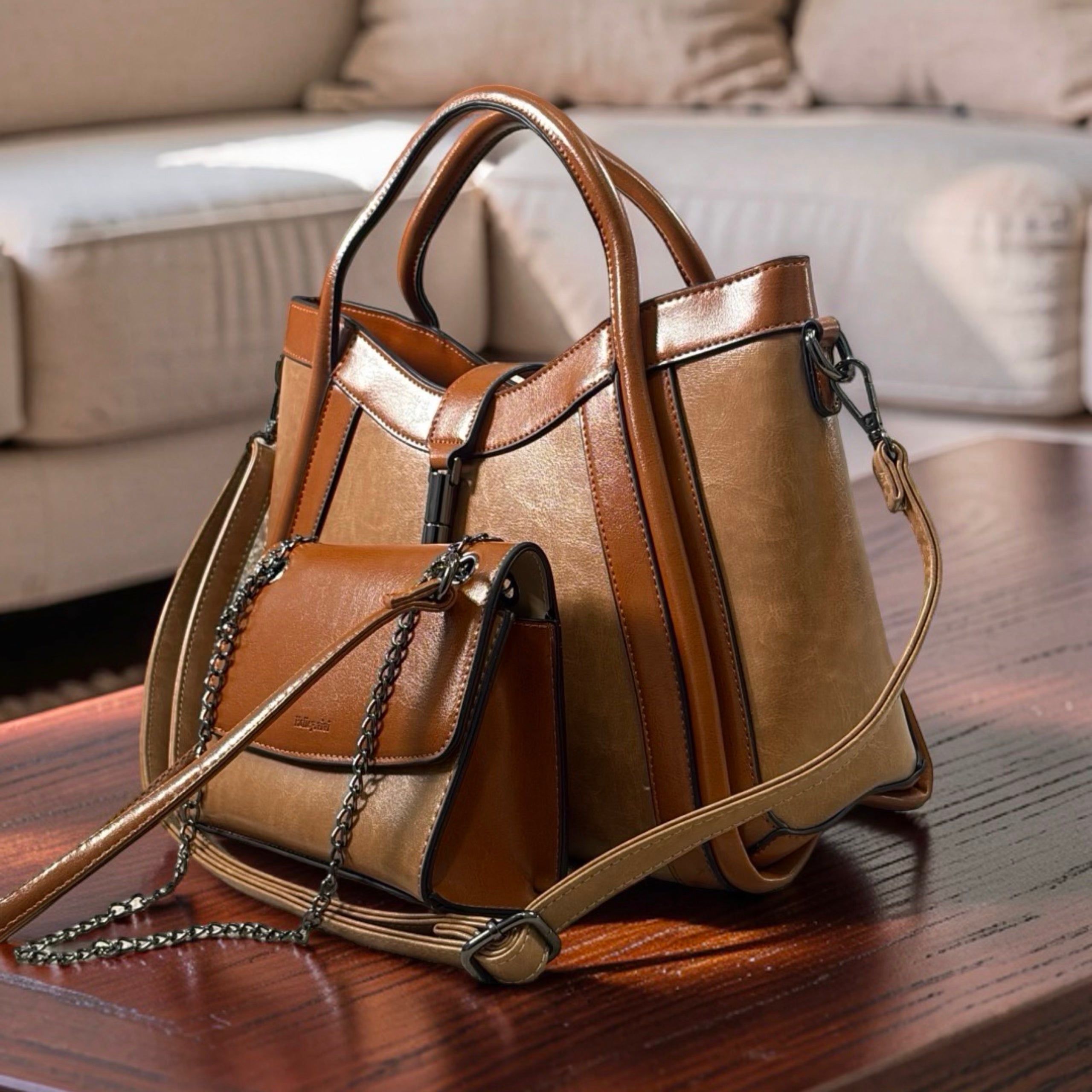 Holley Vivi Two-in One Contrast Color Bag in Apricot