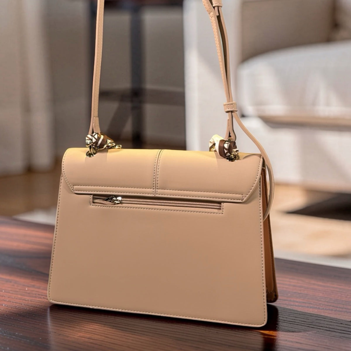Chrisbella Scarf Detail Flap Closure Side bag in Beige