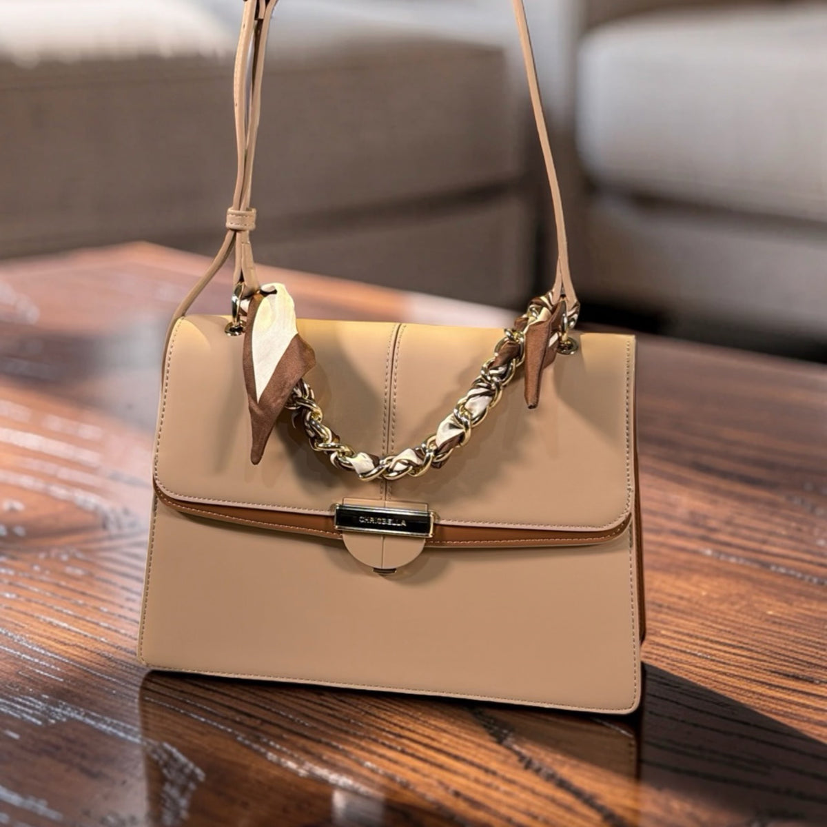 Chrisbella Scarf Detail Flap Closure Side bag in Beige