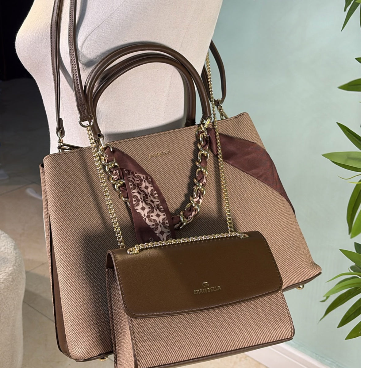 Chrisbella Scarf Detail Textured 2-in-1 Two-Tone Bag in Coffee