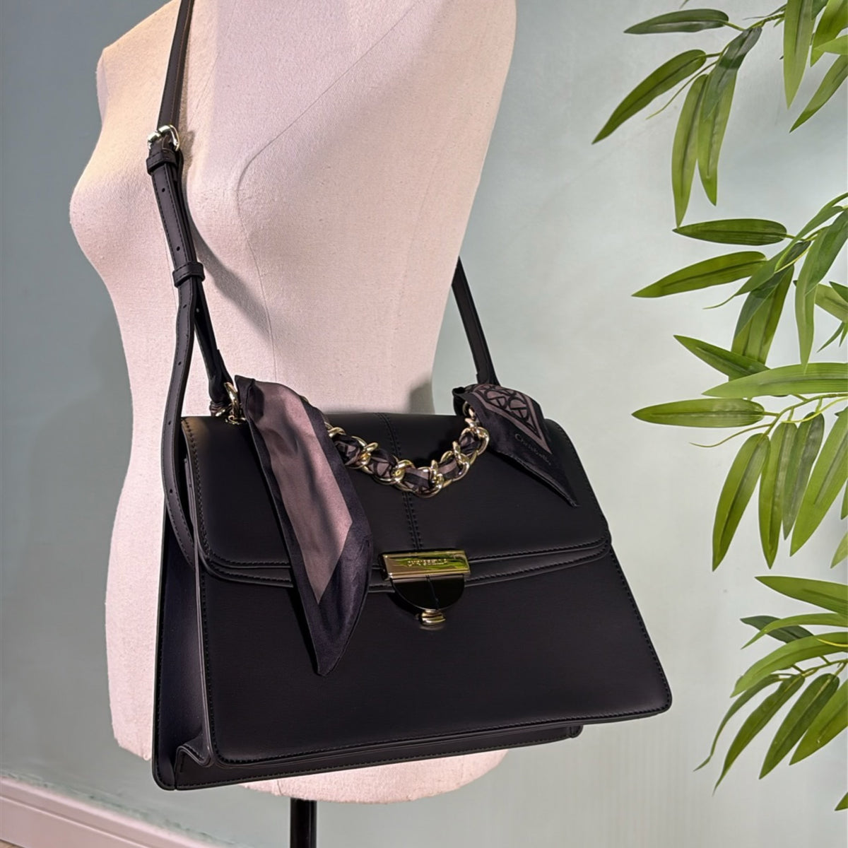 Chrisbella Scarf Detail Flap Closure Side bag in Black