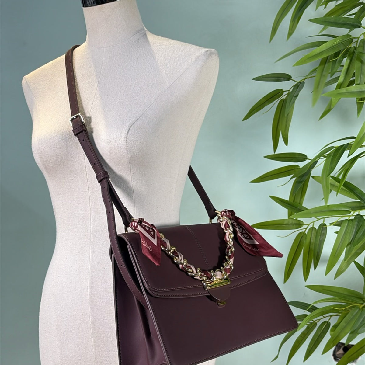Chrisbella Scarf Detail Flap Closure Side bag in Burgundy
