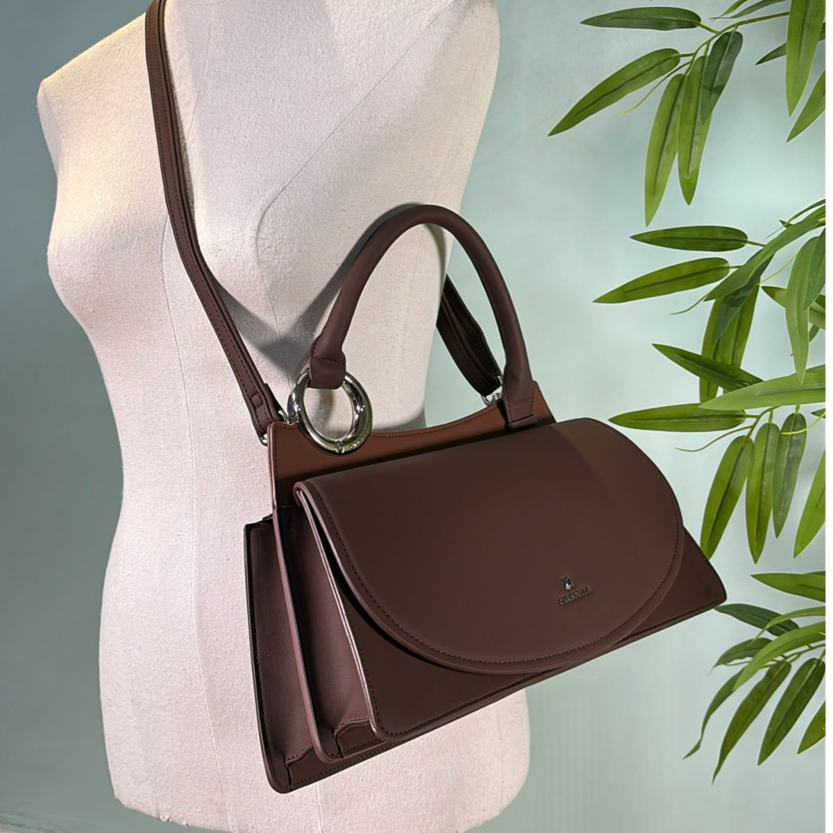 Chrisbella Top Handle Front-Flap Structured Bag in Coffee