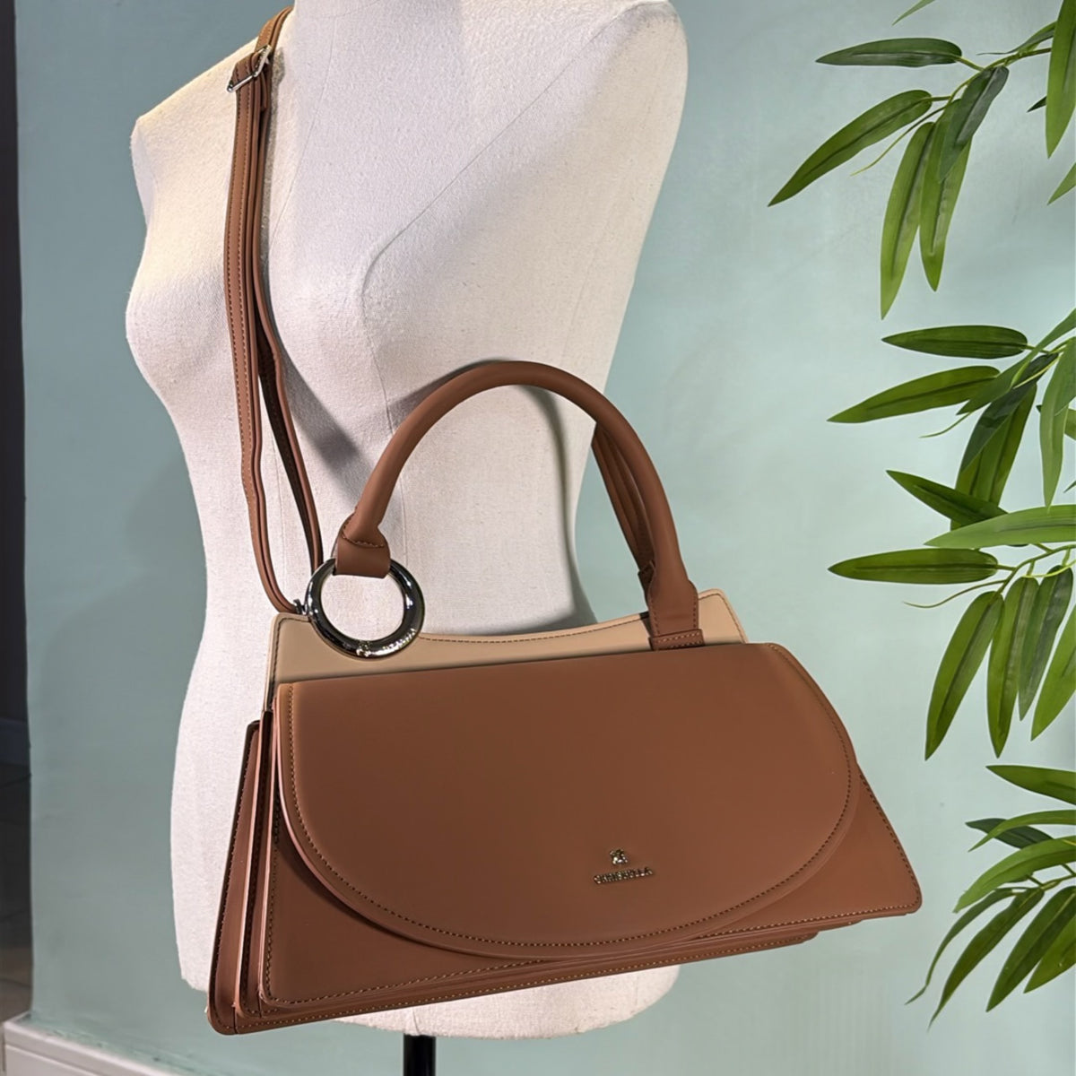 Chrisbella Top Handle Front-Flap Structured Bag in Brown