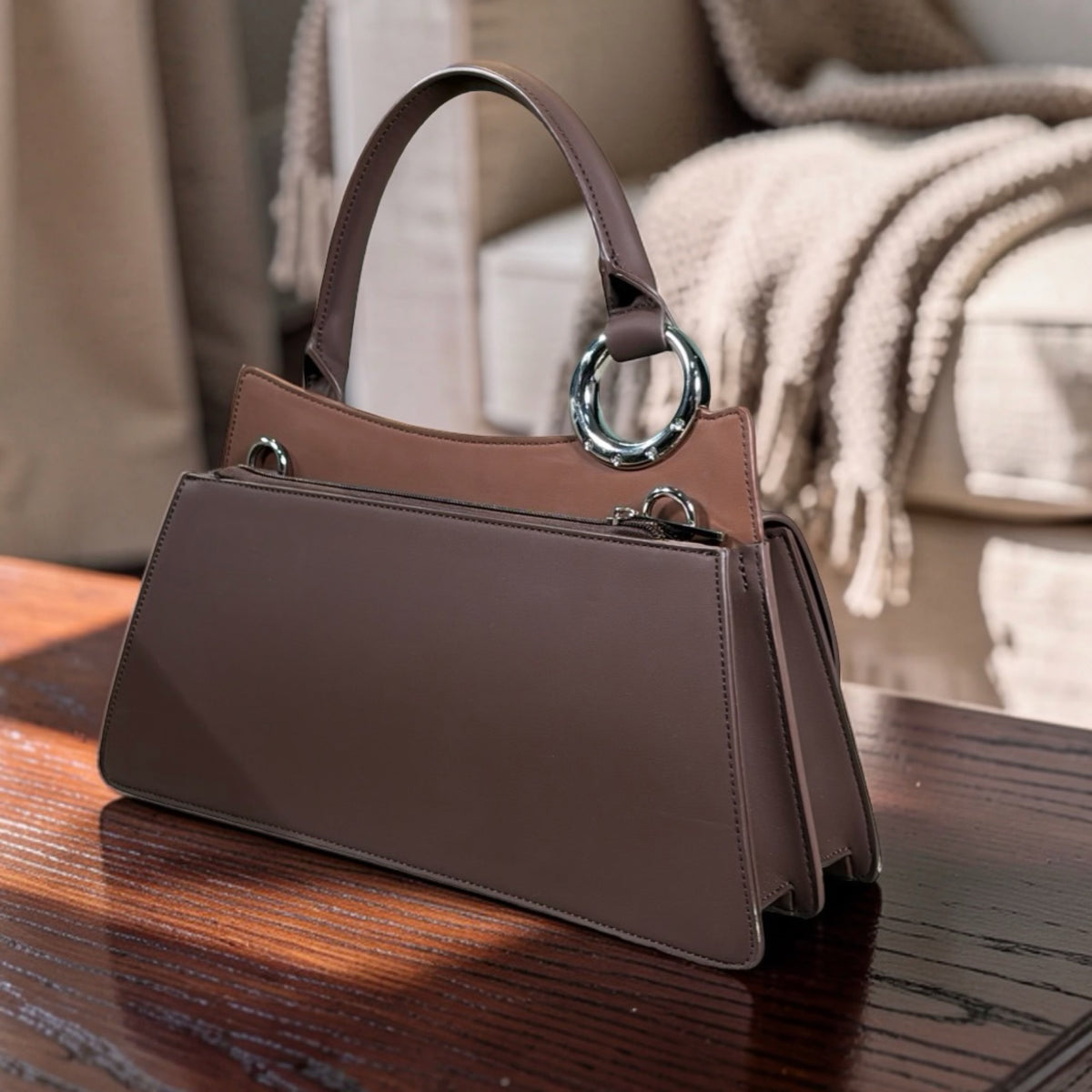 Chrisbella Top Handle Front-Flap Structured Bag in Coffee
