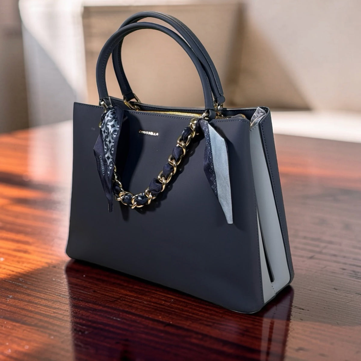 Chrisbella Scarf Detail 2-in-1 Two-Tone Bag in Navy