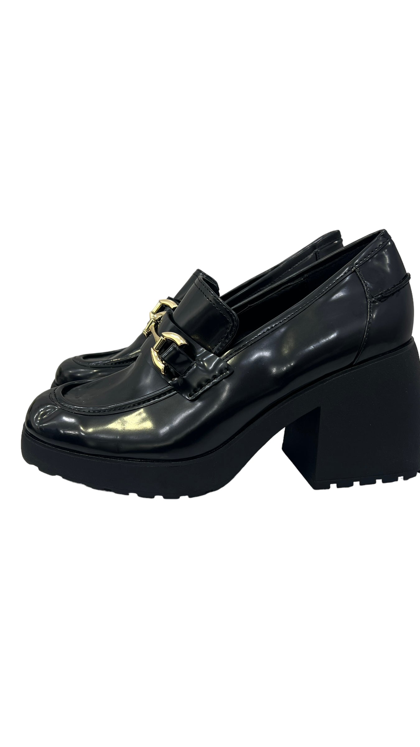 BERSHKA BLACK PATENT HEELED LOAFERS