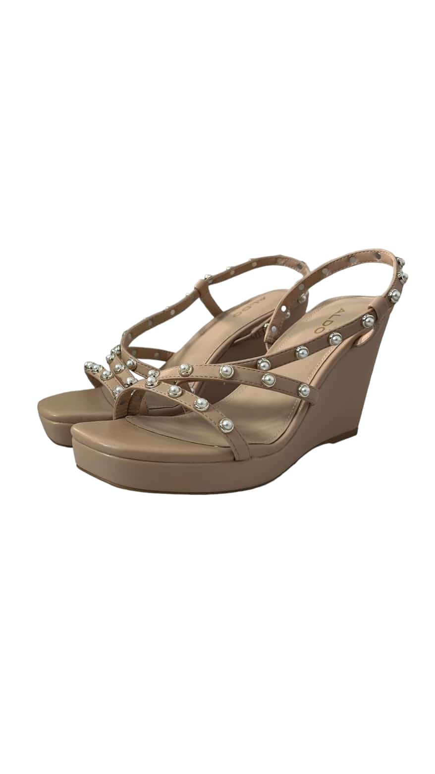 ALDO NUDE LEATHER PEARL STUDDED STRAP WEDGE SANDAL