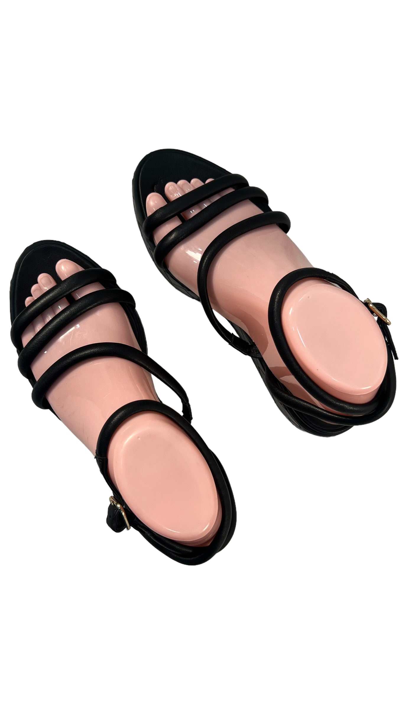 WHAT FOR BLACK TUBE STRAP FLATFORM SANDAL