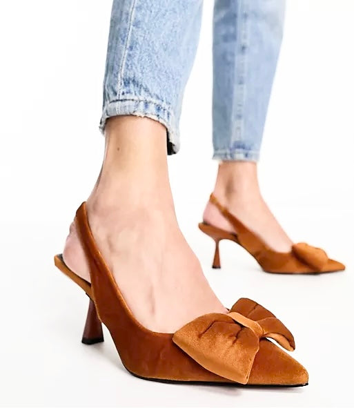 ASOS MUSTARD VELVET BOW DETAIL SLINGBACKS