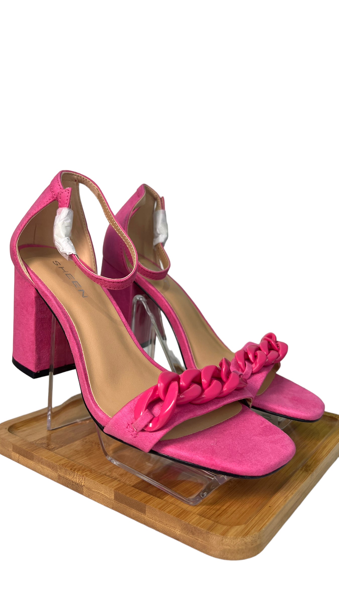 SHEEN PINK FAUX CHAIN STRAP BLOCK HEEL